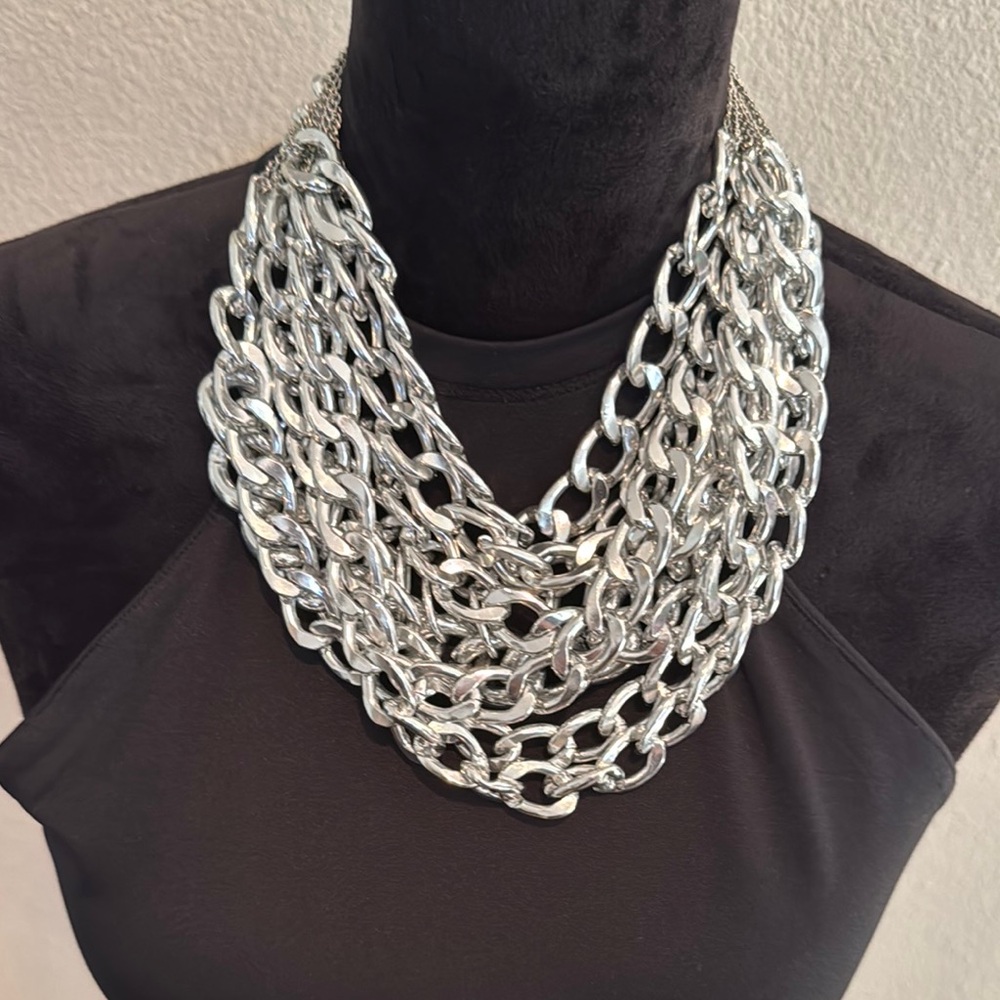 Bold Silver Layered Chain Necklace